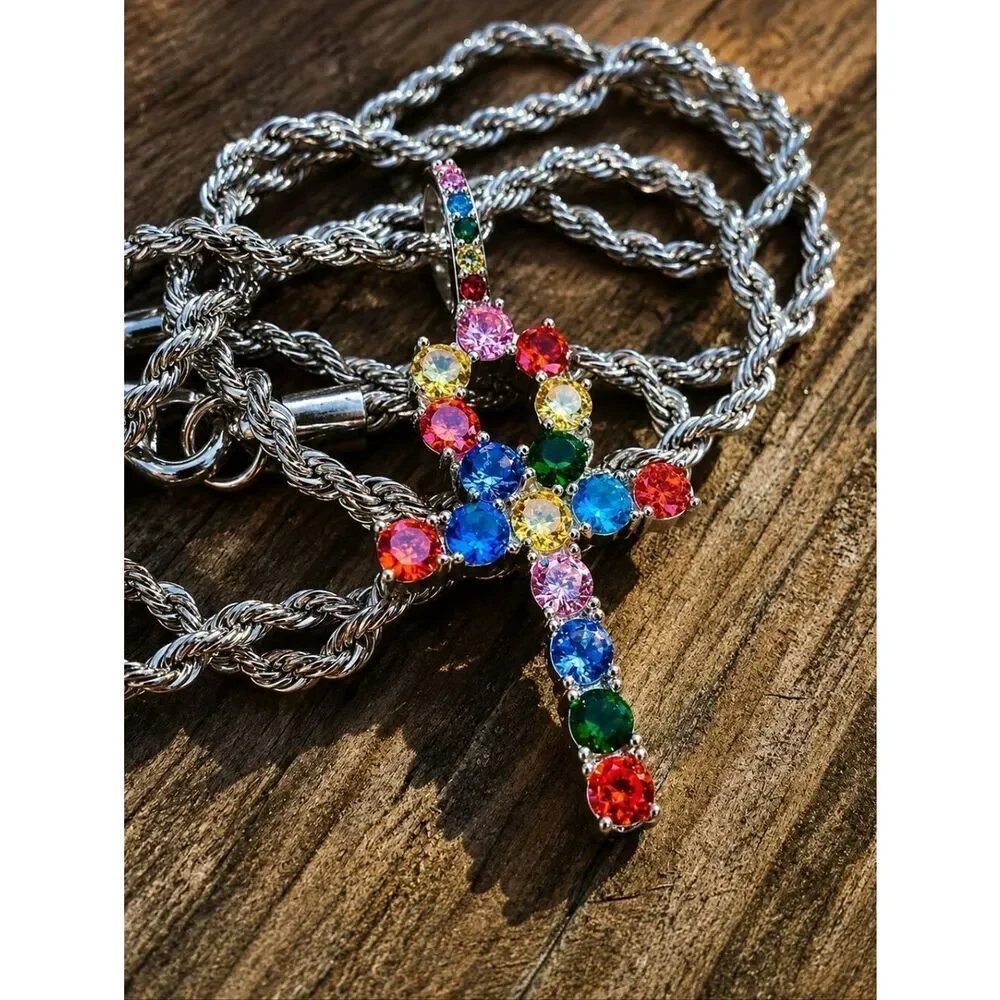 Multicolored Diamond Ankh Necklace